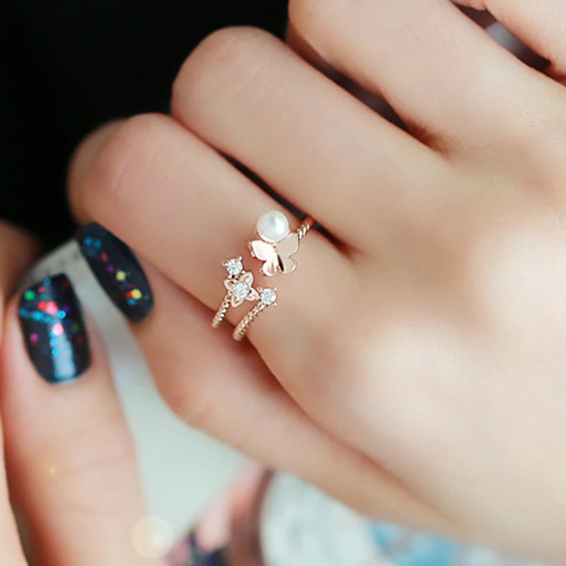

Korean Fashion Influx of People Lovely Butterfly Pearl Women Decorated Ring