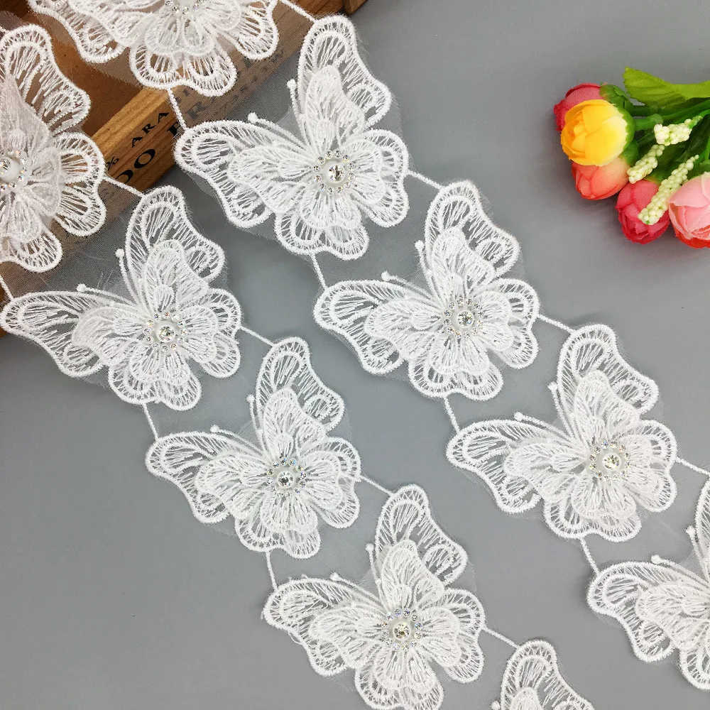 

26 x 3D Diamond Rhinestone Butterfly Embroidered Lace Trim Applique Trimmings Ribbon Fabric Wedding Dress Veil Sewing Craft