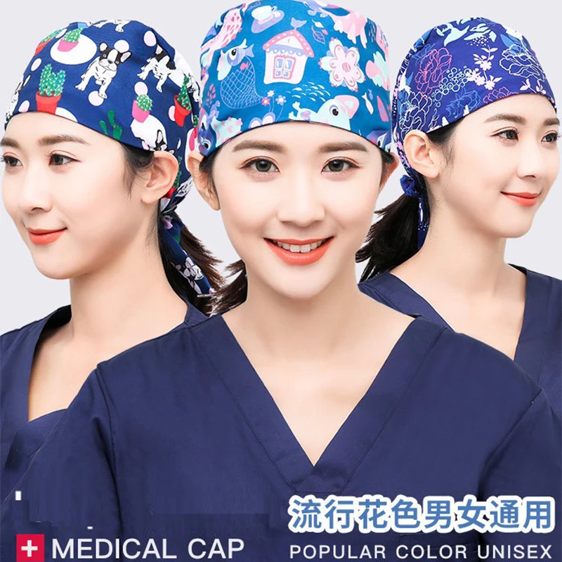 

New Fabric Comfortable Medical Cap,Men Women Scrub Cap,Pet Hospital Dental Clinic Medical Accessory Unisex Printing Nurse Cap