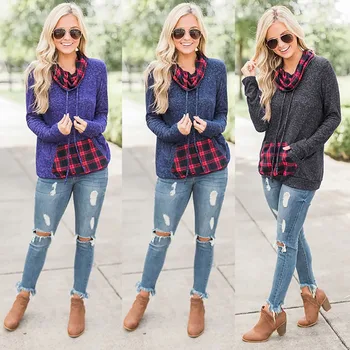 

Autumn and winter new hot fashion scarf collar casual high waist Slim bottoming shirt plaid stitching casual women loose tops