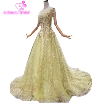 

2018 Light Green Lace Scoop Court Train Ball Gown Party Prom Dress Sleeveless Floor-length Cap Sleeve Illusion Evening Dresses
