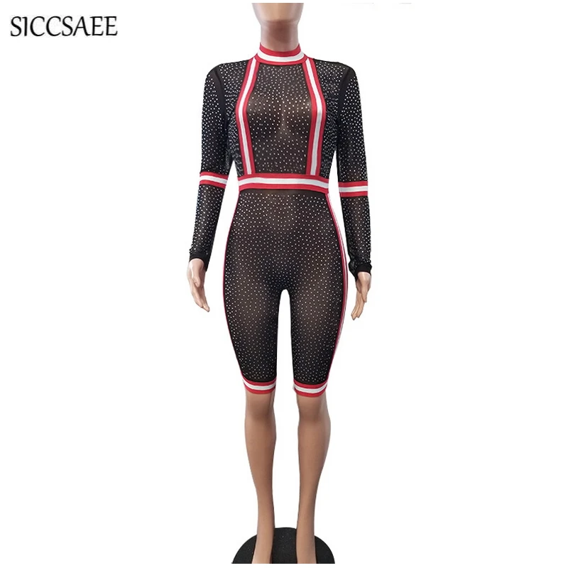 Black Mesh Bodycon Bodysuit Knee Length Striped Rompers Womens Jumpsuit Rhinestone Sexy Club Wear Glitter Sparkly Bike Shorts
