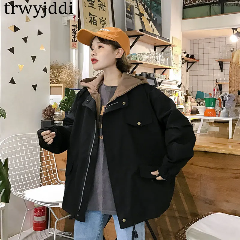 

2019 Spring Autumn New Korean Loose Large Size Tooling Winter Fake Two Pieces Harajuku BF Jacket Female Baseball Uniform Coats