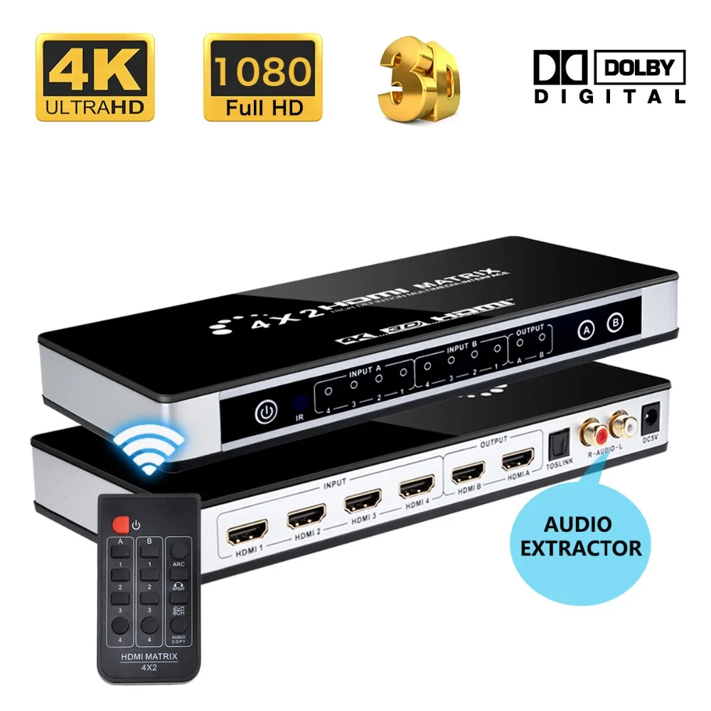 

Iseebiz 4K HDMI Matrix 4X2 Switch Splitter support toslink audio+L/R Extractor with IR Remote Control For PS3/PS4 HDTV/DVD