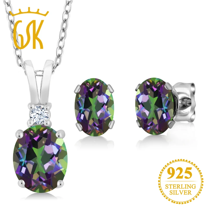 Gemstoneking 3.55 CT ОВАЛЬНЫЙ Радуга своих Мистик топаз кулон Цепочки и ожерелья Серьги 925
