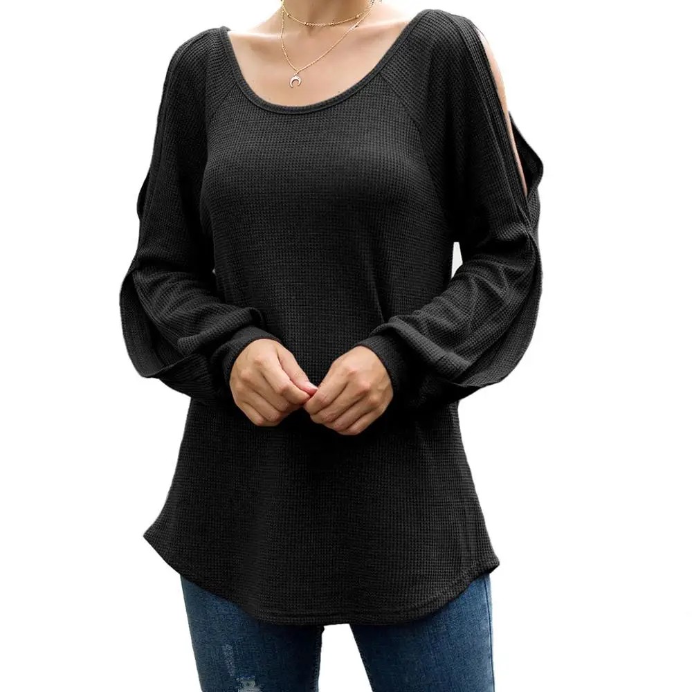 

2019 New European and American Autumn Women's Black Knitted Top with Round Collar and Shoulder Lantern Sleeves Sweater