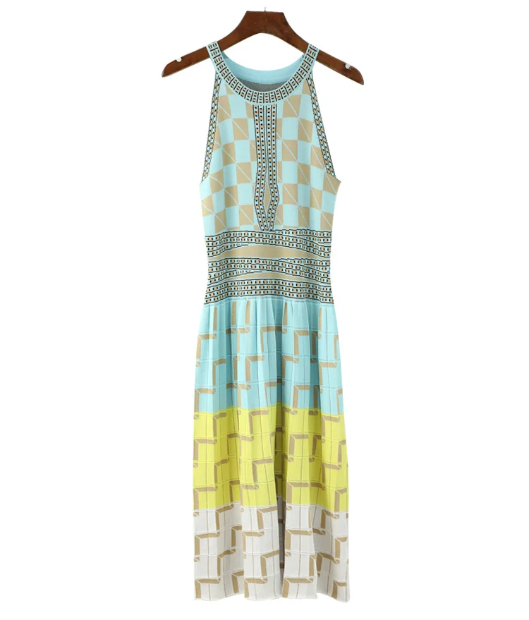 HAMALIEL Runway летнее вязаное длинное платье для женщин без рукавов с геометрическим принтом майка платье-свитер винтажное платье с круглым вырезом Vestidos
