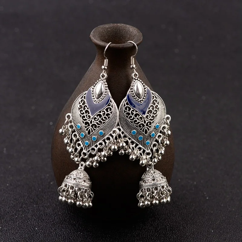 Amader женские капли воды форма серьги серебро индийский клетка Винтаж Jhumka Jhumki синий серьги Orecchini Etnici HXE067