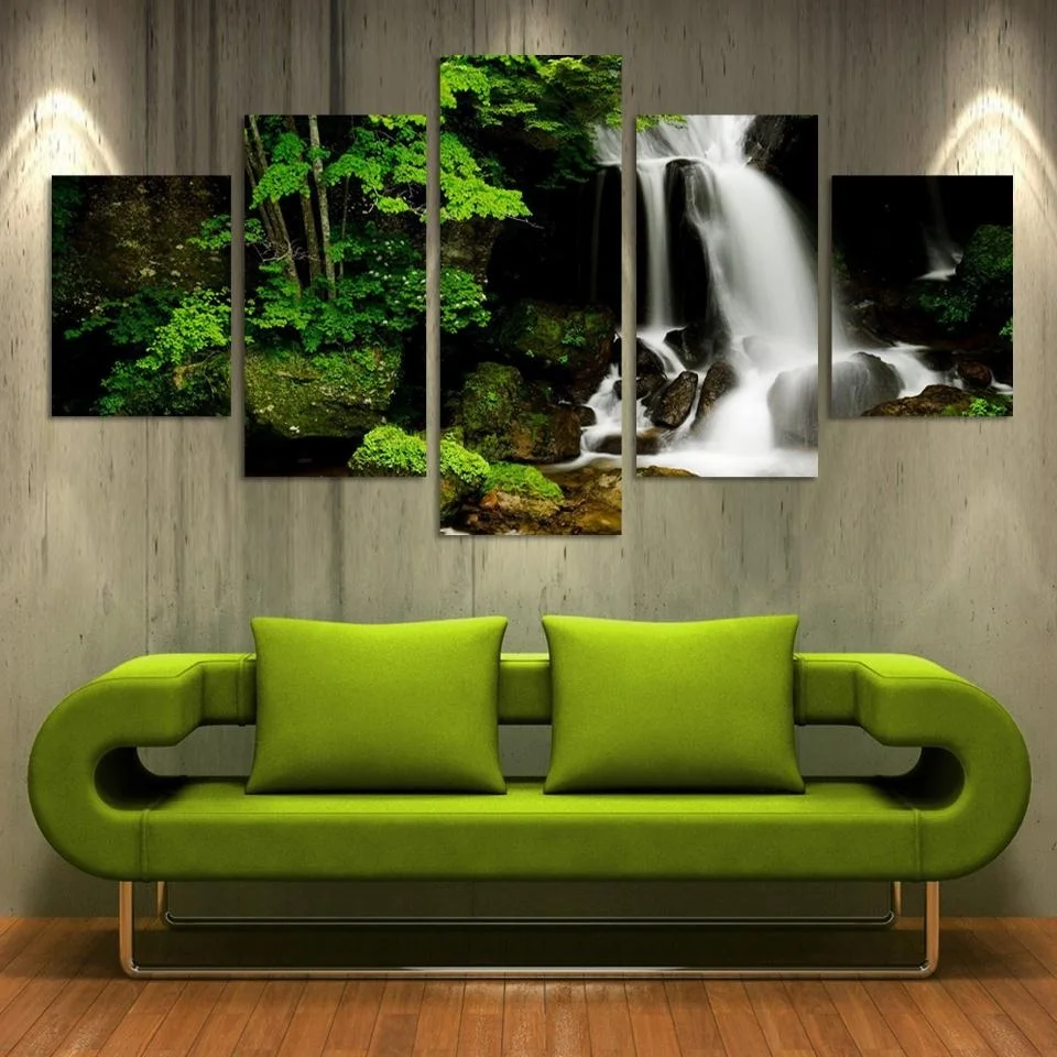 5 Pieces Frameless Canvas Photo Prints Waterfall Woods Stone Wall Art Picture Canvas Paintings