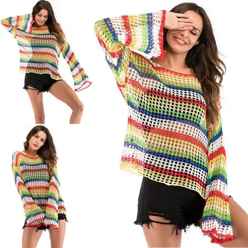 

Rainbow Plaid Stitching Knitted Crochet T shirt Woman Female Long Flare Sleeve Hollow Sunscreen All match Top Summer Autumn New