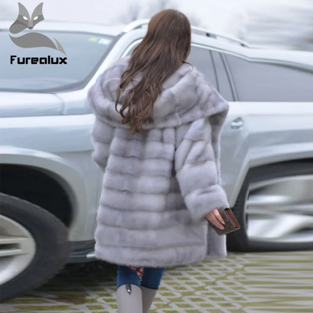Furealux Новое поступление серое роскошное Норковое Пальто с капюшоном для женщин теплые свободные натуральные норковые меховые куртки женские с поясом Большая распродажа