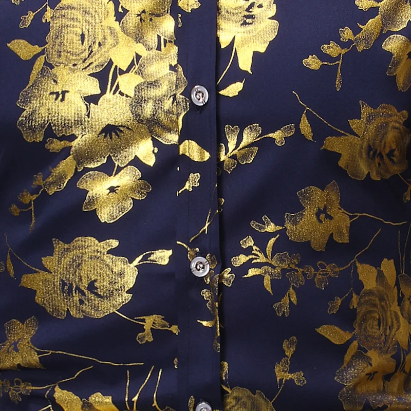 Роскошная Золотая Роза цветочная фольга печать рубашка для мужчин 2019 Весна Осень Новые с длинным рукавом черные мужские платья рубашки