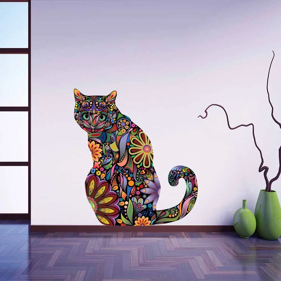 Creative Art Design Floral Cat Color Diy Wall Stickers For Living Room Animal Cat Removable Wall