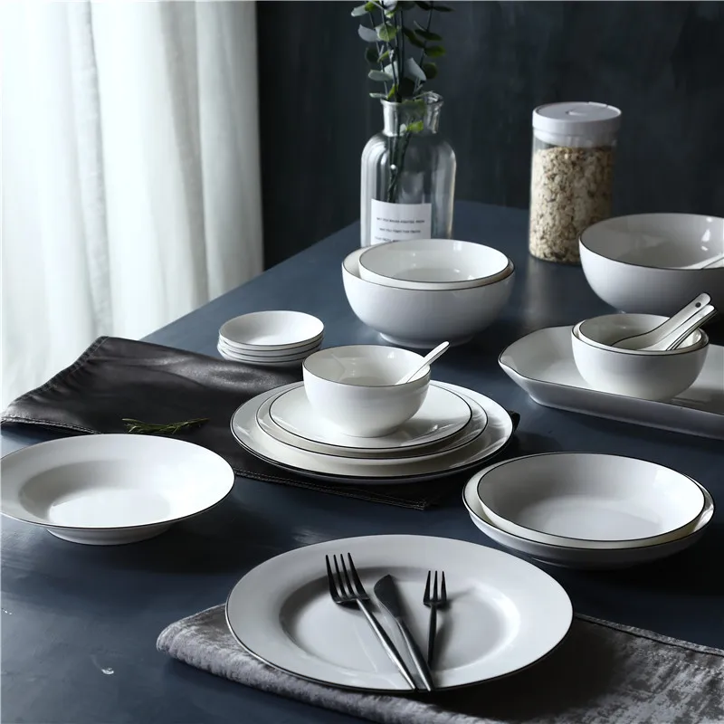 

KINGLANG Ceramic Nordic Style Simple Plate White Black Line Dinnerware Set