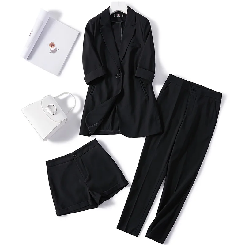 Модная одежда из 2 предметов для женщин Летний маленький костюм куртка женская рубашка Свободный Повседневный тонкий секционный черный костюм из двух предметов