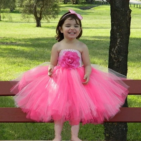 

Cute Girls Pink Tutu Dress Kids Fluffy Crochet Tulle Dress Ball Gown with Big Flower and Hairbow Children Party Costume Dresses