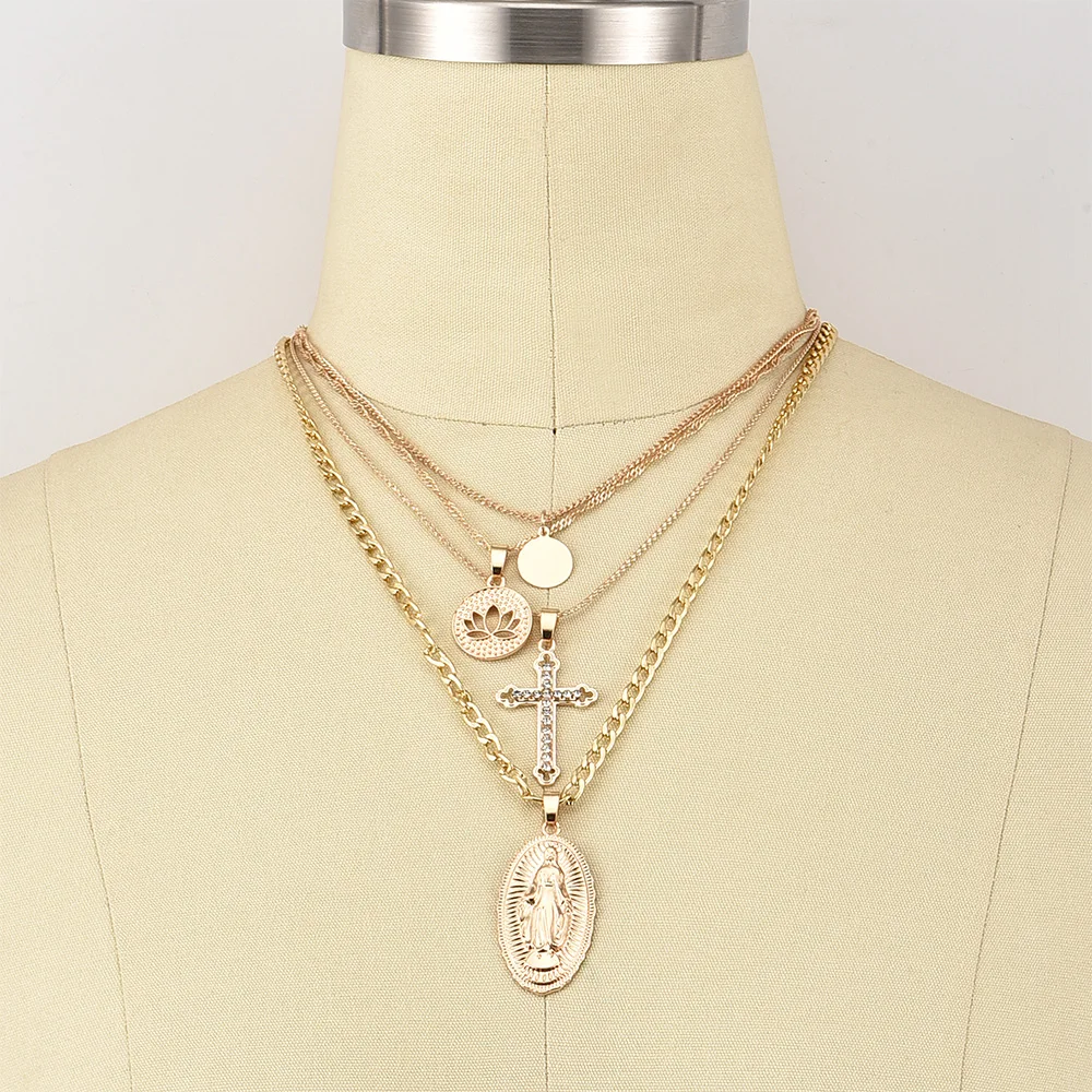 Женское Ожерелье Кристалл крест Лотос медальон Дева Мария многослойная золотая цепочка ключицы Модные вечерние ювелирные украшения на шею