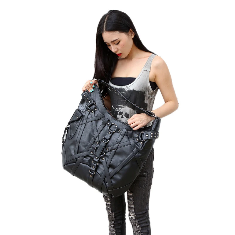 Стимпанк женская большая сумка, винтажная Готическая эксклюзивная Ретро Рок-сумки, кожаная сумка на плечо, женская новая модная сумка на Хэллоуин - Цвет: Black