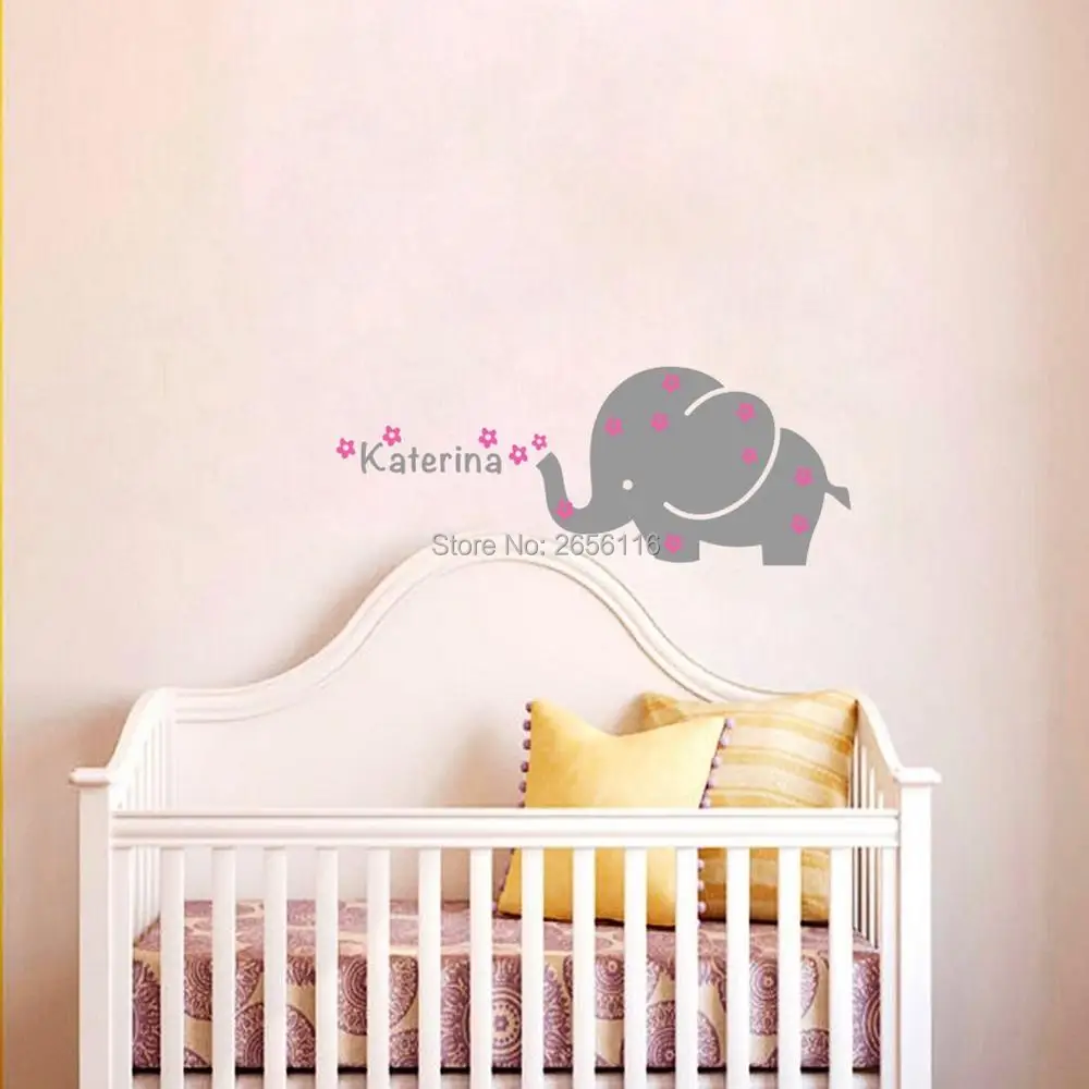 Personalized Baby Name Wall Decal Elephant and Flowers Cartoon