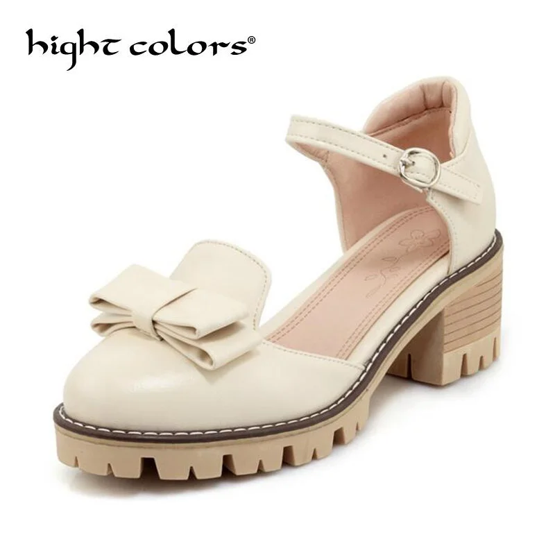 New Sweet Women Pumps Lolita Shoes Platform High Heels Beige Mary Jane Shoes Bow Block Heel