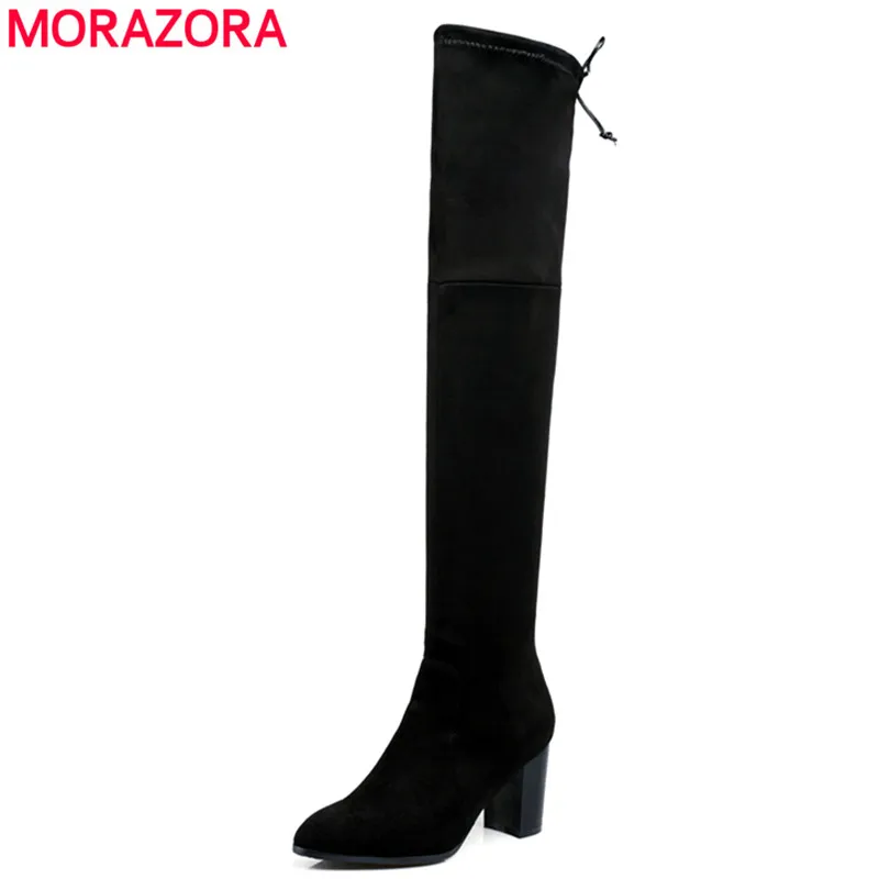 

MORAZORA Plus size 34-43 new high quality women boots flock thick high heels thigh high over the knee boots women's shoes