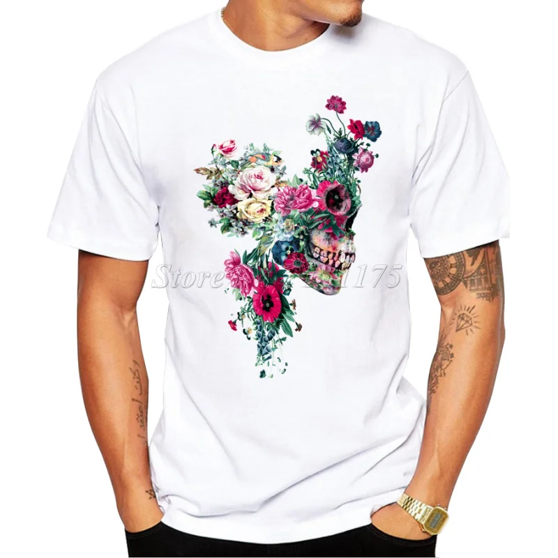 

2019 Men's Summer Hipster Floral Skulls Design T Shirt Popular Customized Printed Tops Fashion Tees