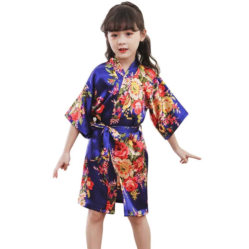 Модная летняя одежда для малышей для девочек цветочный шелк атласное кимоно; наряд халат одежда для сна modis Халат продажи F1 - Цвет: Navy