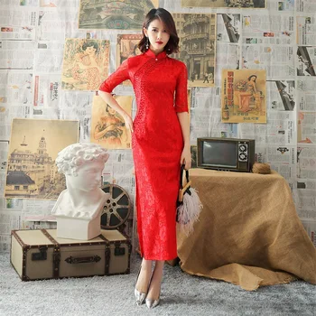

New Fashion Lace Handmade Button Silm Qipao Chinese Traditional Women Dress Vintage Lady Sexy Embroidery Cheongsam Size M-3XL