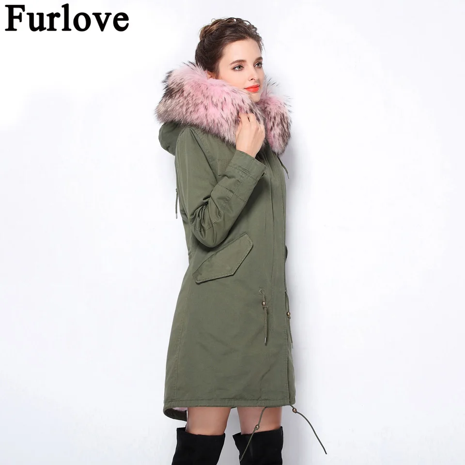 

Furlove Women Winter Coat Army Green Thick Parkas Plus Size Real Raccoon Fur Collar Hooded Artificial Fur Lining Winter Jacket