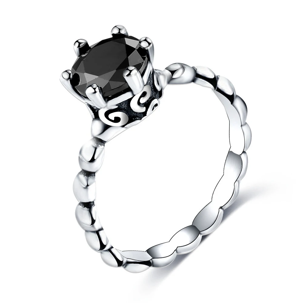 

Fashion Silver Color Pandora Ring with Six-Prong Setting Black Cubic Zirconia For Women Wedding Jewelry Gift