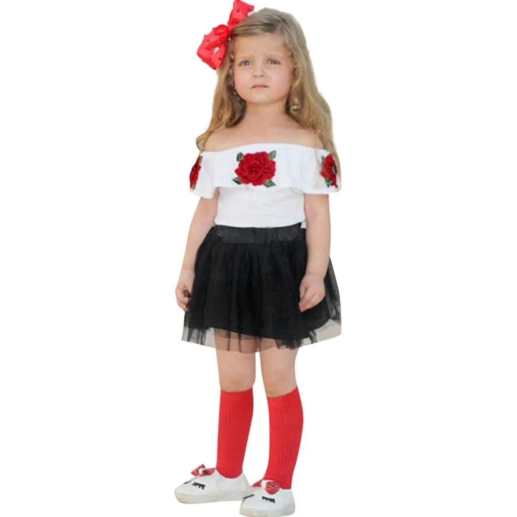 

Baby Girl Summer Clothes Off Shoulder Rose Embroidery Tops+Tulle Skirts Outfits Children's Clothing For Grls 1 2 3 4 5 Years