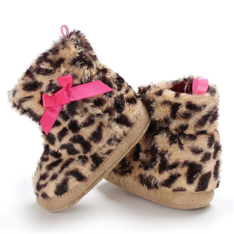 

Warm Winter Baby Newborn Boots Shoes Leopard Cute Bow Non-slip Baby Boots First Walkers Baby Shoes