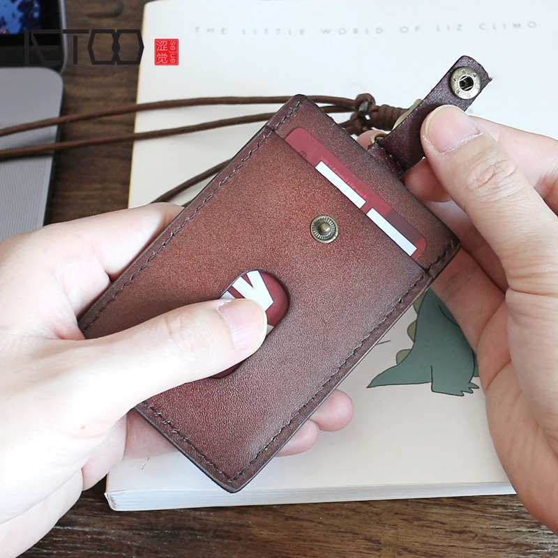 

AETOO Tanning cowhide Small card bag leather handmade stitching card bag female retro driver's license coin wallet
