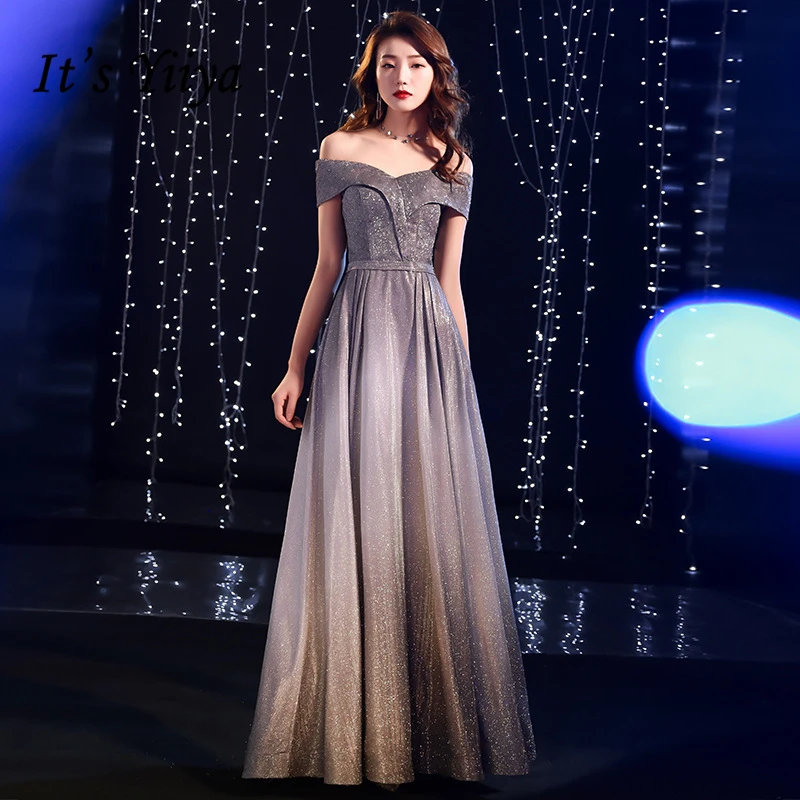 

It's YiiYa Evening Dresses Sexy Boat Neck Backless Long Formal Dress Simple A-line Lace Up Back Short Sleeves Party Gowns E392