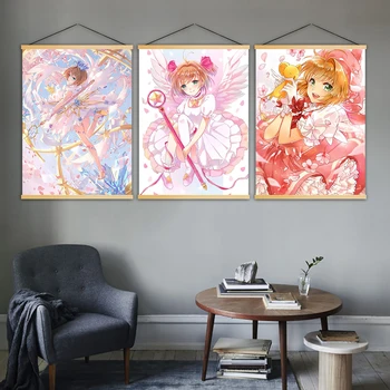 

Home Decor Canvas Wall Artwork Modern Cartoon Card Captor Sakura Hanging Painting Posters Printed Minimalism Solid Wood Scroll