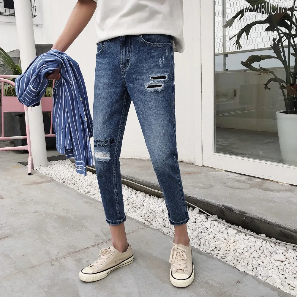 

Fashion 2019 spring autumn casual slim fit blue korean Ripped hole street pencil pants men denim teenagers Ankle length pants