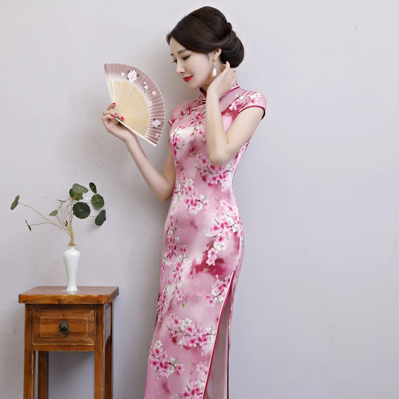 Китайское традиционное платье женское ретро с короткими рукавами шелковое cheongsam