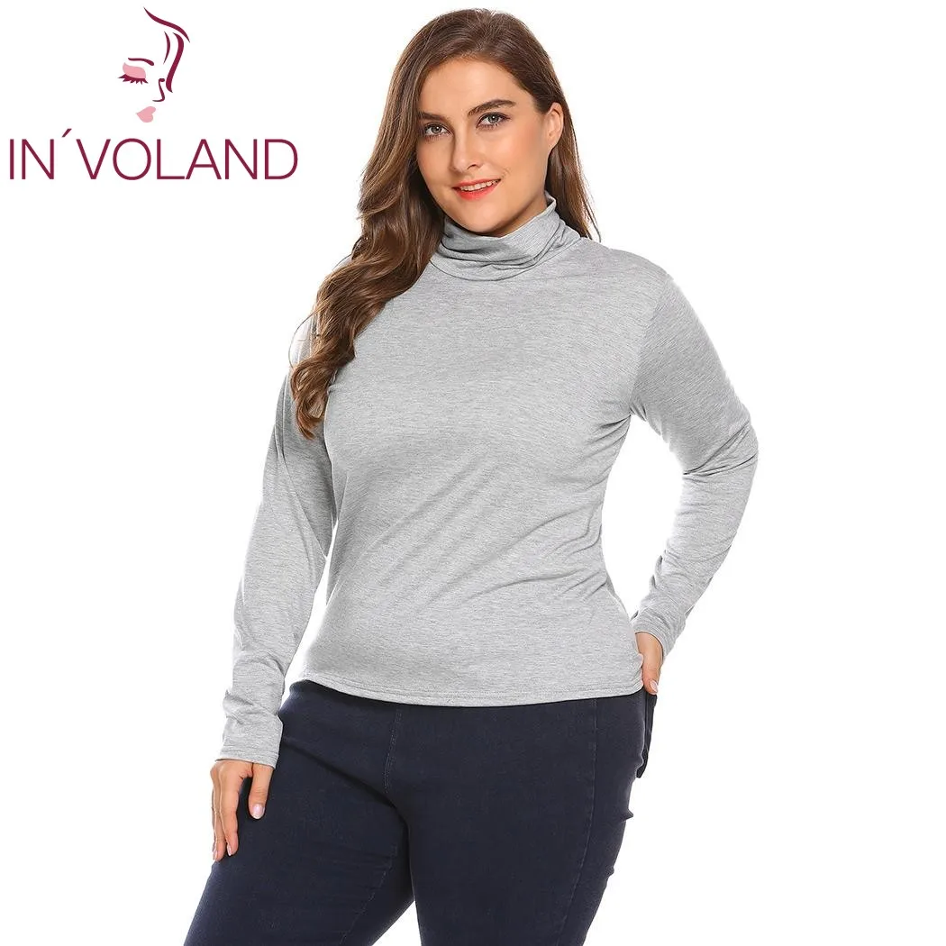 

IN'VOLAND Plus Size XL-5XL Women Basic Pullovers T-Shirts Autumn Casual Turtleneck Solid Large Tshirt Base Layer Tops