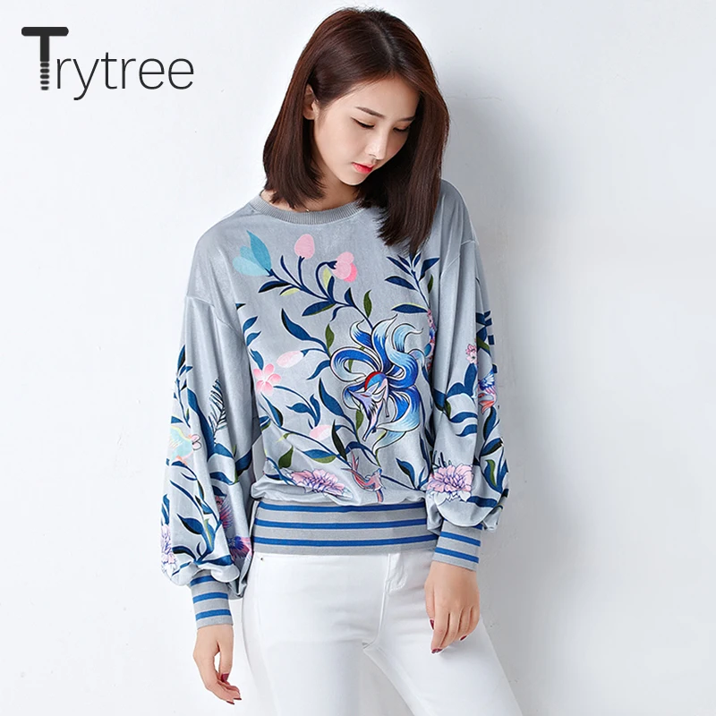 

Trytree Autumn Casual Women T-Shirt Female Printed Floral O-Neck Thin Lantern Sleeve Top Blue Fashion t-shirt Women dropshipping