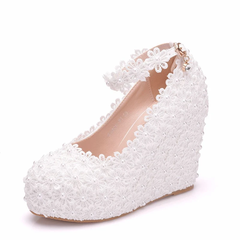 

Dropshipping Woman White Rhinestone Pearl Round Toe Pumps Wedges High Heels Wedding Shoes Elegant Party Women Shoes XY-B0309