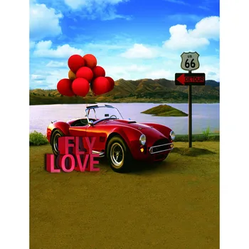 

TR vinyl cloth clouds sky hill red car with balloons photography backdrops for wedding photo studio portrait backgrounds props