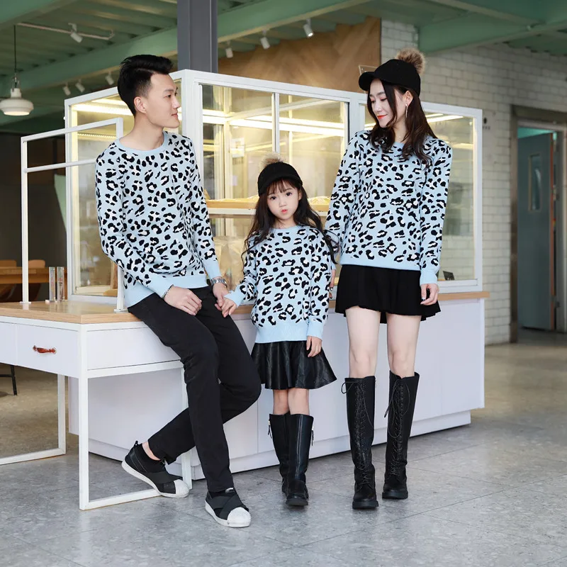 

Leopard Print Korean Round Neck Sweater Family Couples Matching Clothing