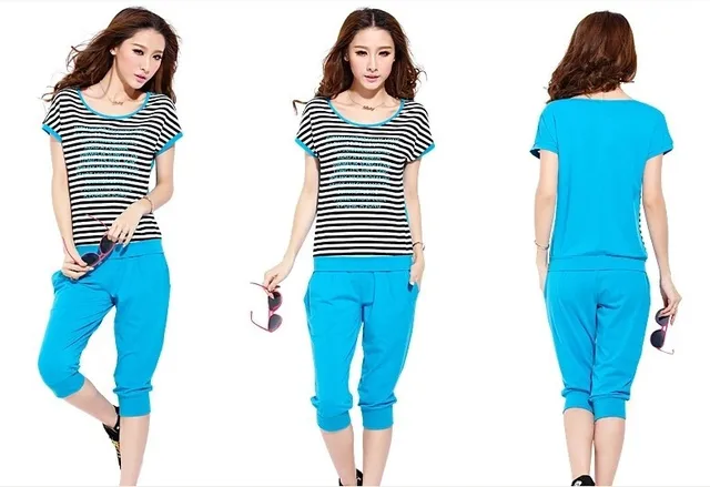 One Set Slim Sportswear  For Lady Summer Woman  Short Sleeve with Pants