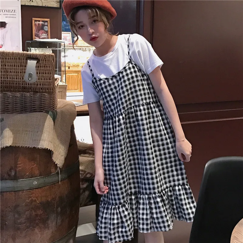 

Summer Harajuku Japanese Spaghetti Strap Plaid Women Dress Soft Sister Sweet Small Lattice Fresh Student Camisole Female Dress