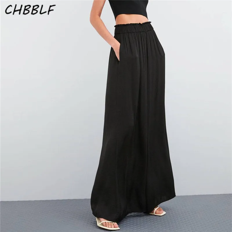 CHBBLF женские элегантные однотонные белые черные широкие брюки с эластичной резинкой на талии длинные брюки mujer NJN1326