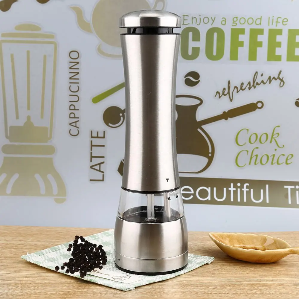 Hot Electric Pepper Mill Salt And Pepper Spice Grinder Kitchen Tools Silver Stainless Steel And Clear Acrylic Construction