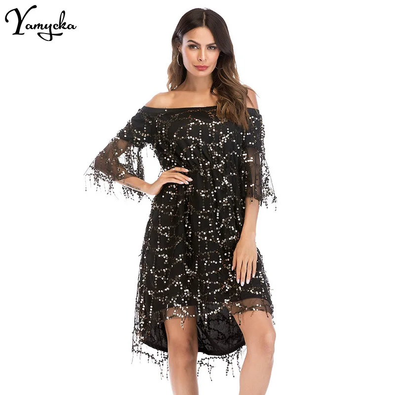 

2018 New Sexy Asymmetrical Knee Length Summer Dress Off The Shoulder Slash Neck Half Sleeve Natural Waistline Sequined Dress