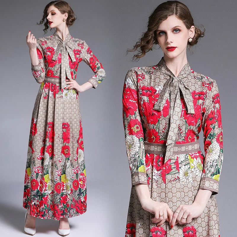 

2019 Spring Summer Fall Runway Floral Letters Print Bow Tie Neck Long Sleeve Empire Waist Women Ladies' Casual A-Line Maxi Dress