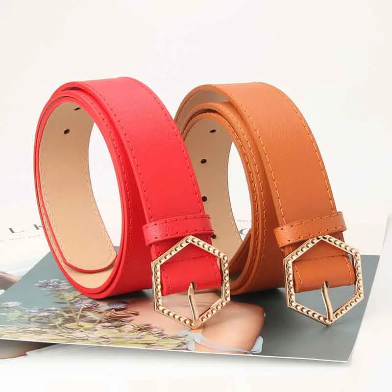 

New trend hexagonal alloy buckle imitation leather ladies belt fashion Korean version of the wild girl clothing decorative belt
