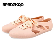 Дам шик розовый Дешевая обувь фарфора лето воздухопроницаемый зашнуровать плоские желе Круглый носок женщин